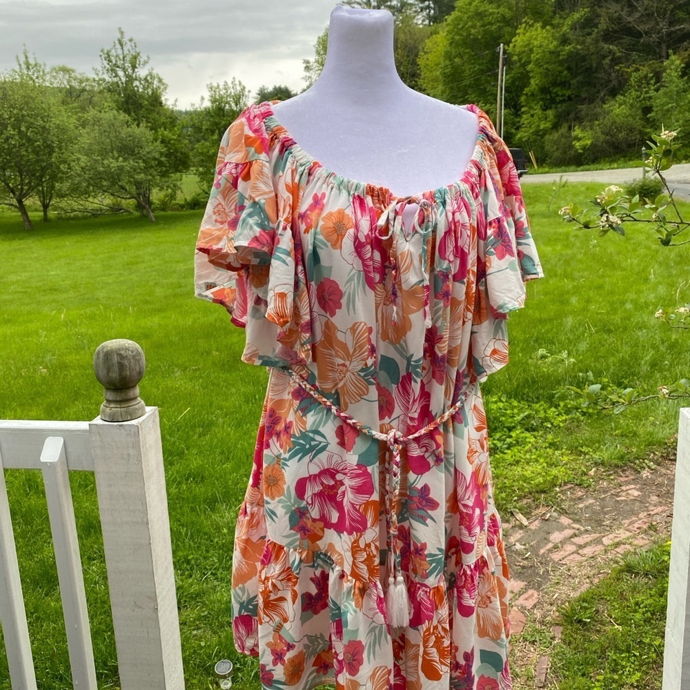 Rachel Zoe Pink Orange Rayon Mini Dress Ruffled Rope Belt Size Medium - Picture 3 of 15